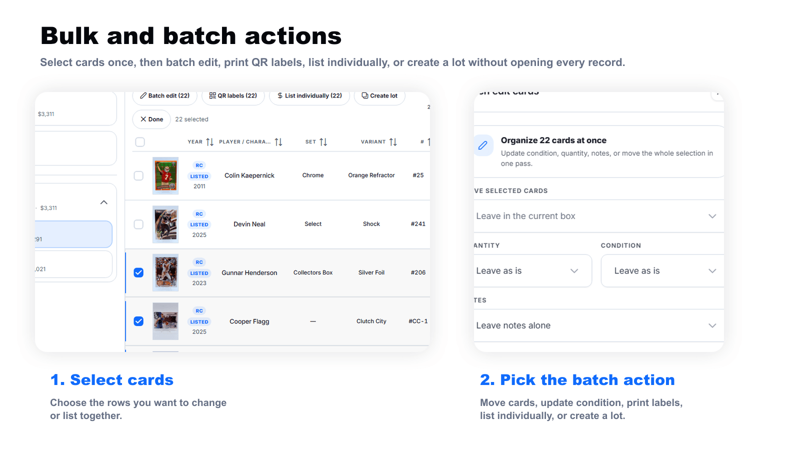 Wax Cache bulk workflow showing selected cards, batch edit, QR labels, list individually, and create lot actions.