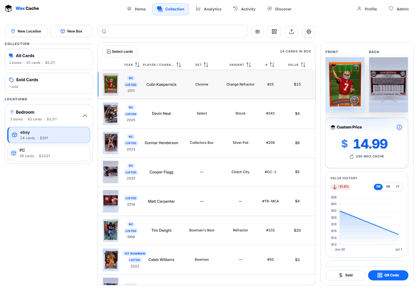Wax Cache card detail and value view with card photos, estimate, custom price, cost, profit/loss, and value history.