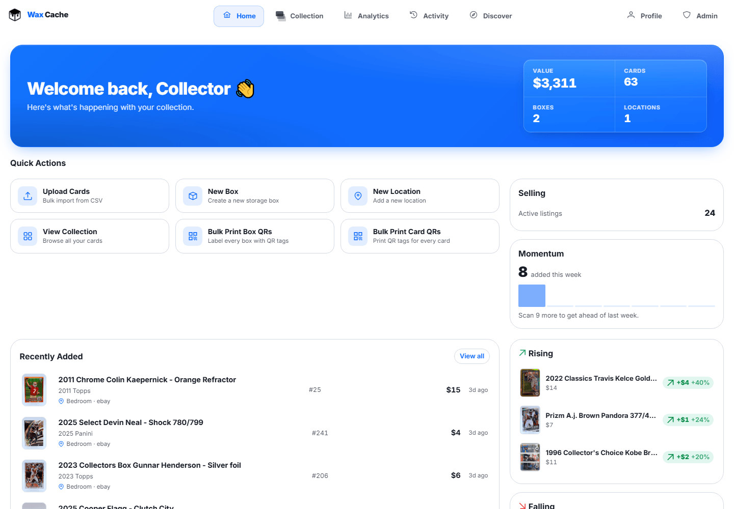 Wax Cache home dashboard with collection totals, quick actions, recent cards, selling status, and value movers.