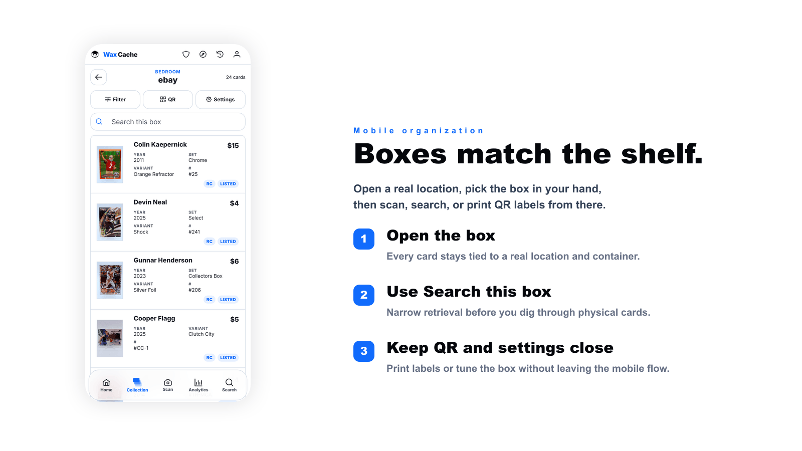 Wax Cache mobile collection view showing locations, boxes, counts, and totals for physical retrieval.