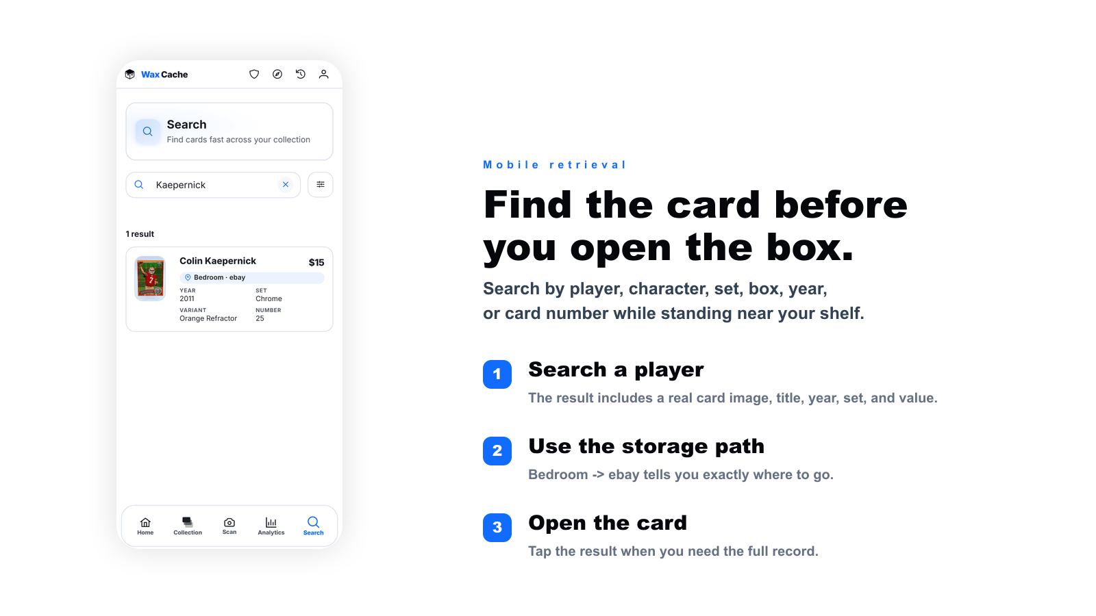 Wax Cache mobile search flow showing a card result with storage path, value, year, set, and card number.