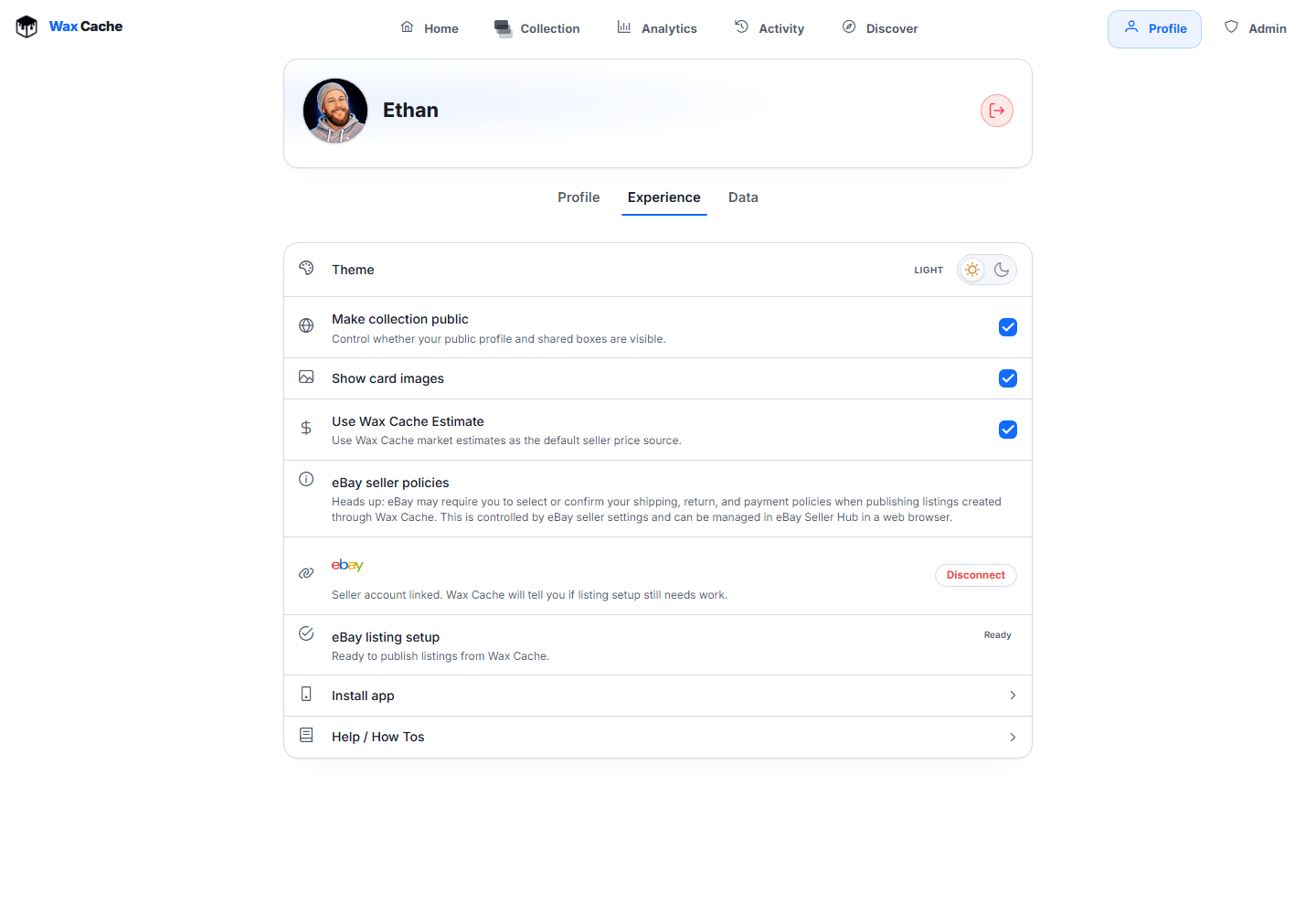 Wax Cache Profile Experience tab with eBay seller policies, linked seller account, and listing setup status.