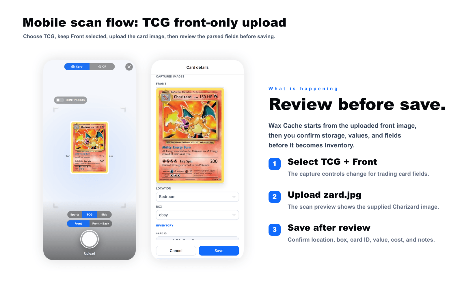 Wax Cache mobile TCG scan flow showing front image upload and reviewed card fields.