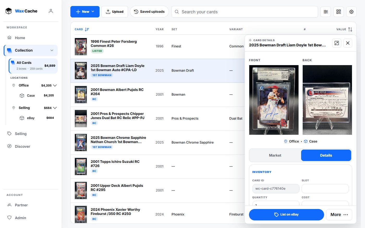 Current Wax Cache desktop inventory with card photos, saved storage, and a List on eBay action