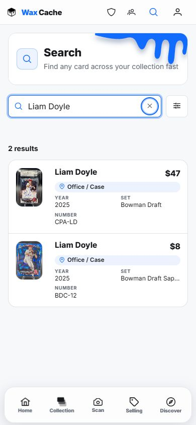 Mobile web search showing a real card and its Office / Case storage path