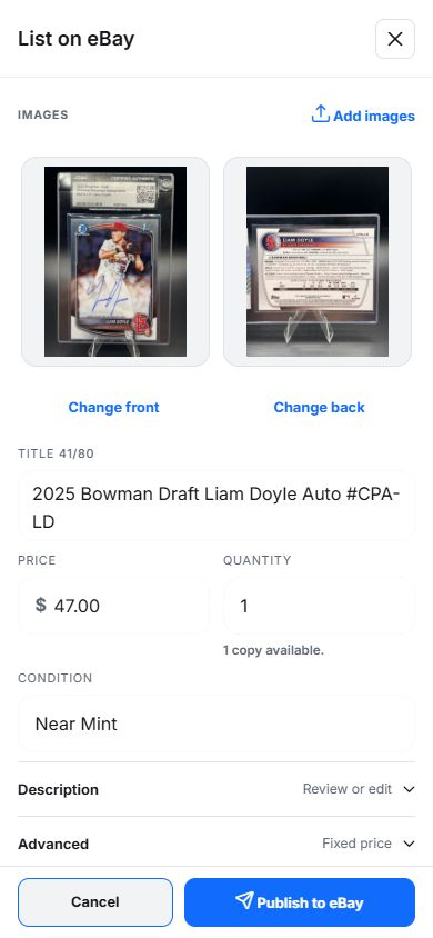 Current mobile web listing review before publishing a saved card to eBay
